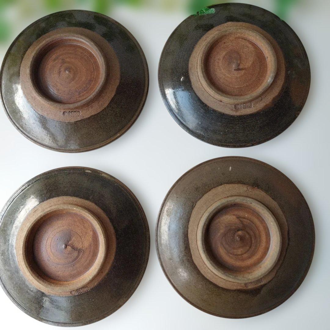 中皿　19cm　4枚　飛び鉋　打ち掛　緑釉飴釉　小石原焼　太田哲三　とびかんな