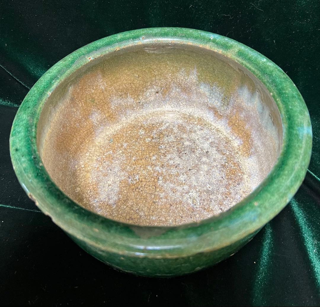 中国清朝在銘（石湾和安造）緑釉陶器 古美術 骨董品高さ8.5cmx口径19cm