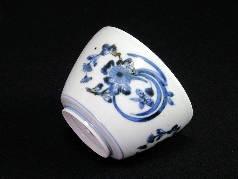 古伊万里　藍九谷　菊に蘭の図　大振蕎麦猪口　江戸中期　C552AS-BKc