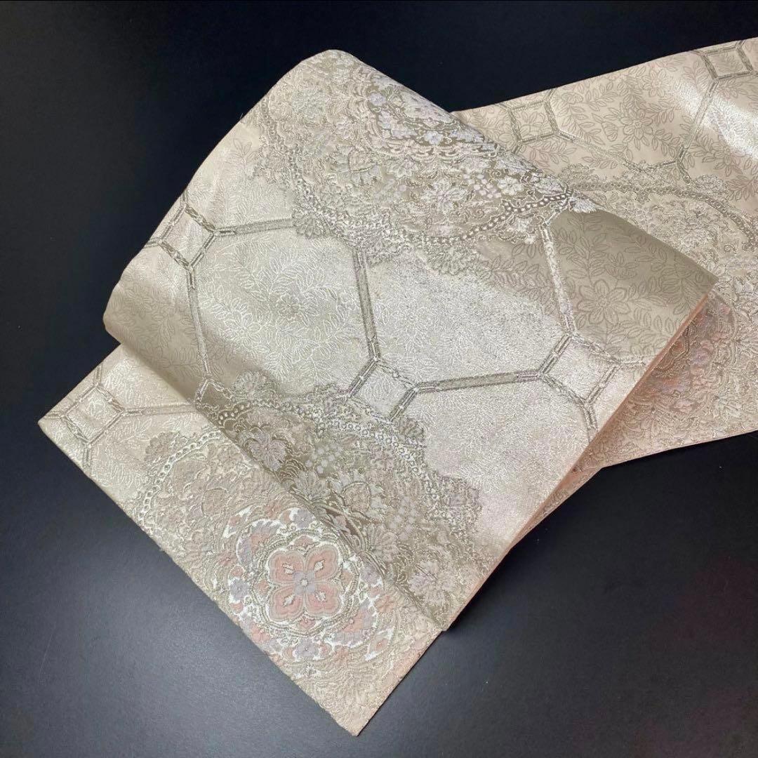 ZY-748 袋帯 吉祥鏡裏華文 銀糸 六通 正絹 白地 名品 逸品 フォーマル