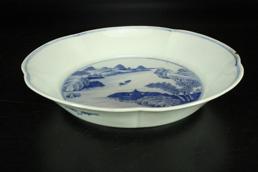 中国美術 青花 山水舟紋 盤 φ20.5cm 嘉慶年製(K-LC657)