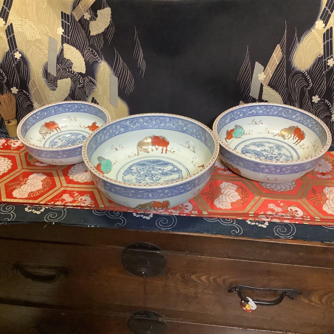 古伊万里　三つ鉢　鉢皿　女夫馬紋　幕末　馬年　九谷焼・大聖寺・李朝・輪島塗好き