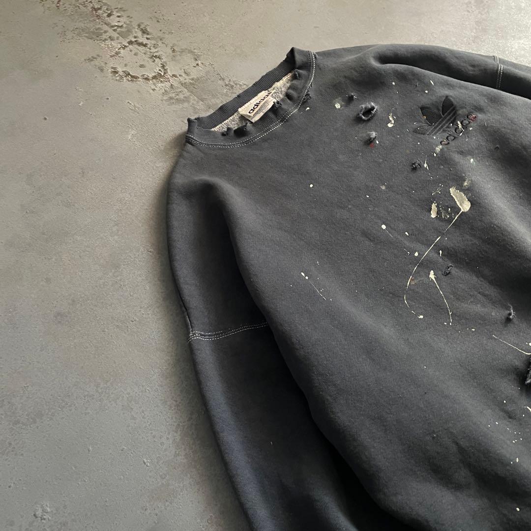 80s 万国旗“adidas”墨黒“XL“USA製“ペンキ”boro sweat