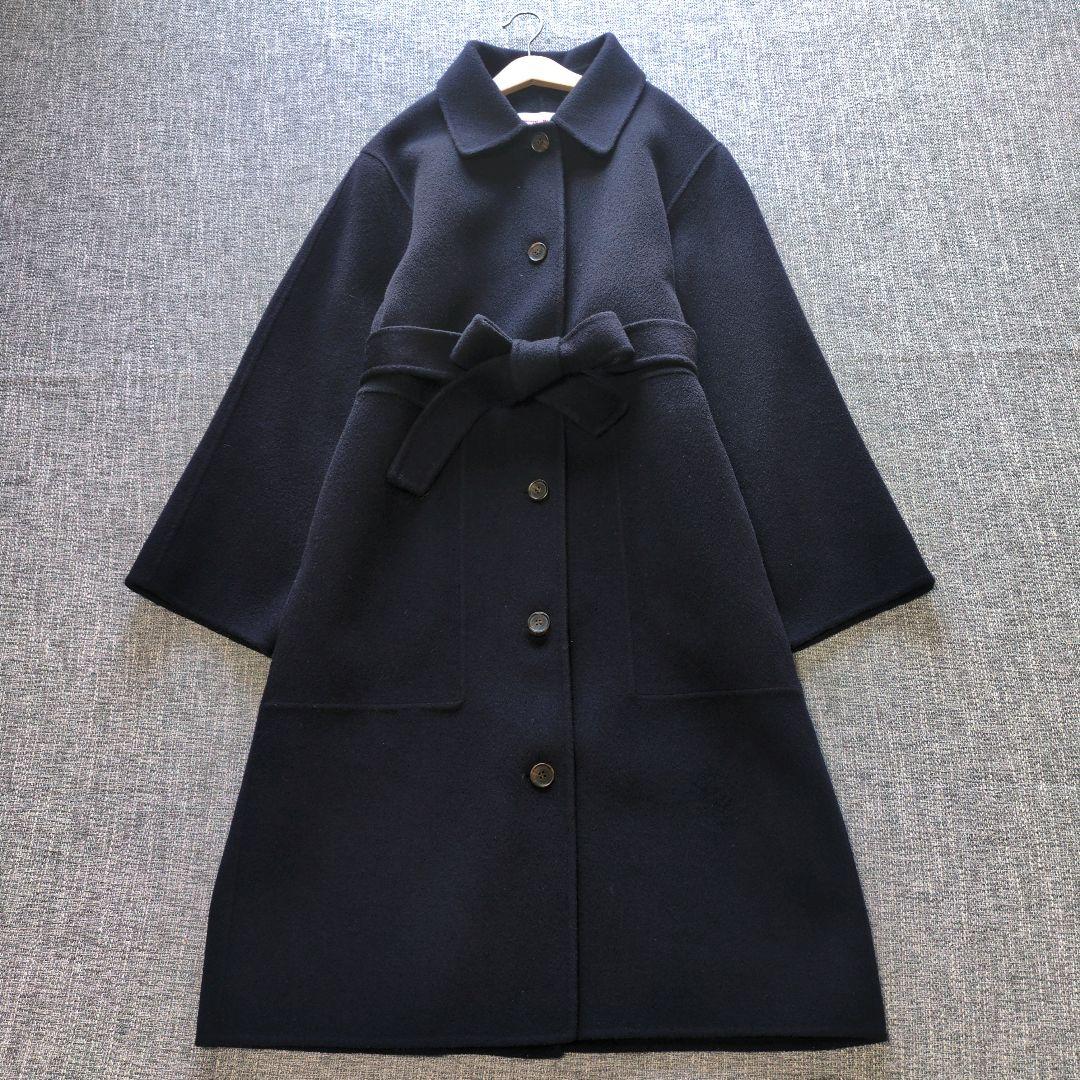 バンソンエミレイユ　ゆったり　ウールリバーコート　ベルト付　バルカラー　ネイビー