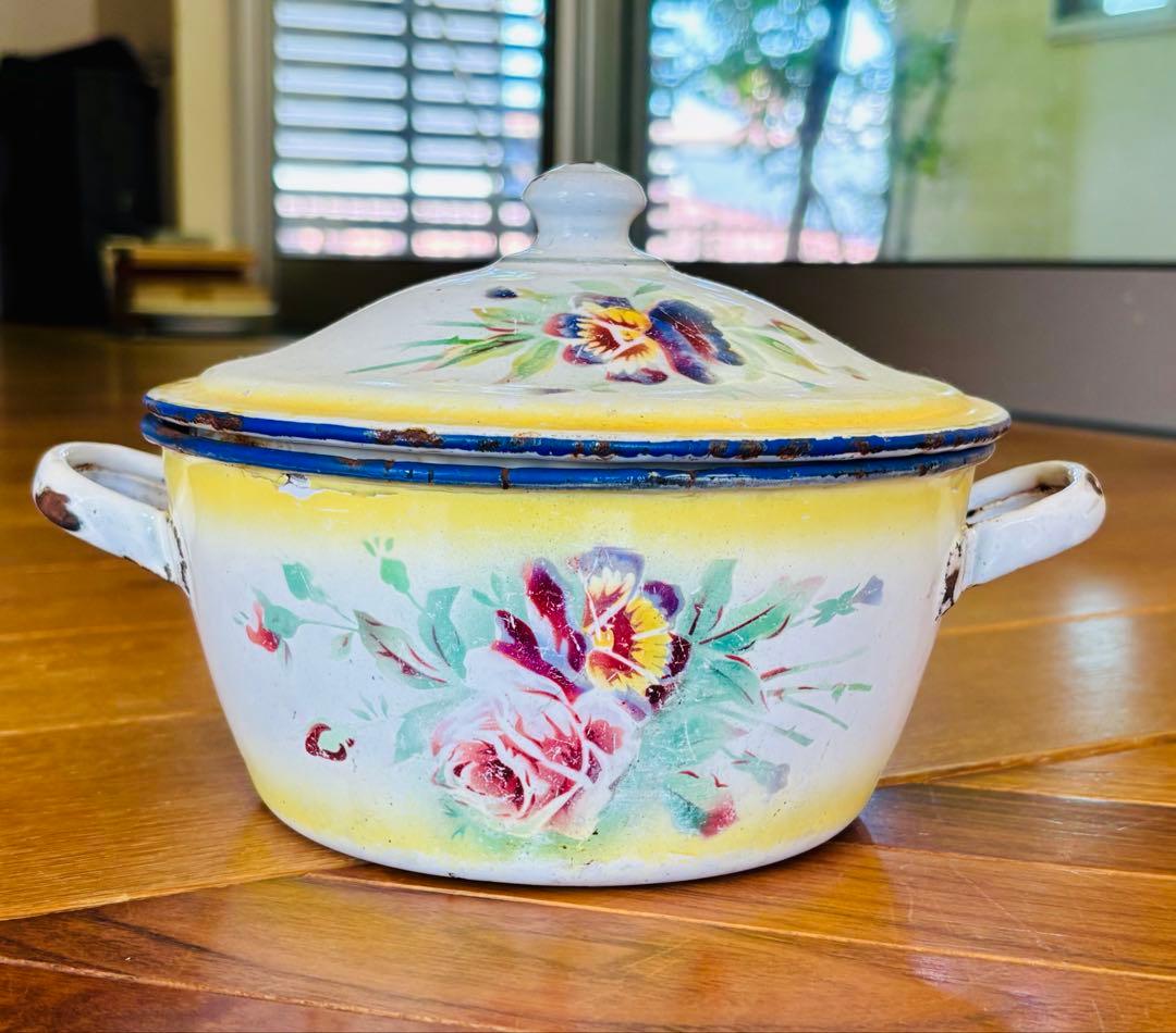 フランスアンティーク ホーロー パンジーの小さなお鍋 イエロー