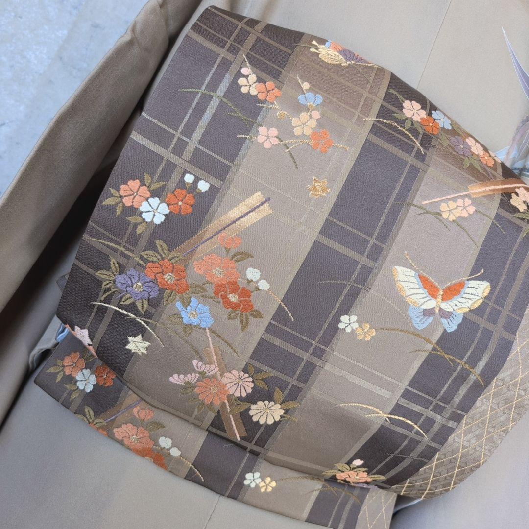 訪問着　フルセット　着物　正絹　笹　友禅　淡いベージュブラウン　金彩加工　O7