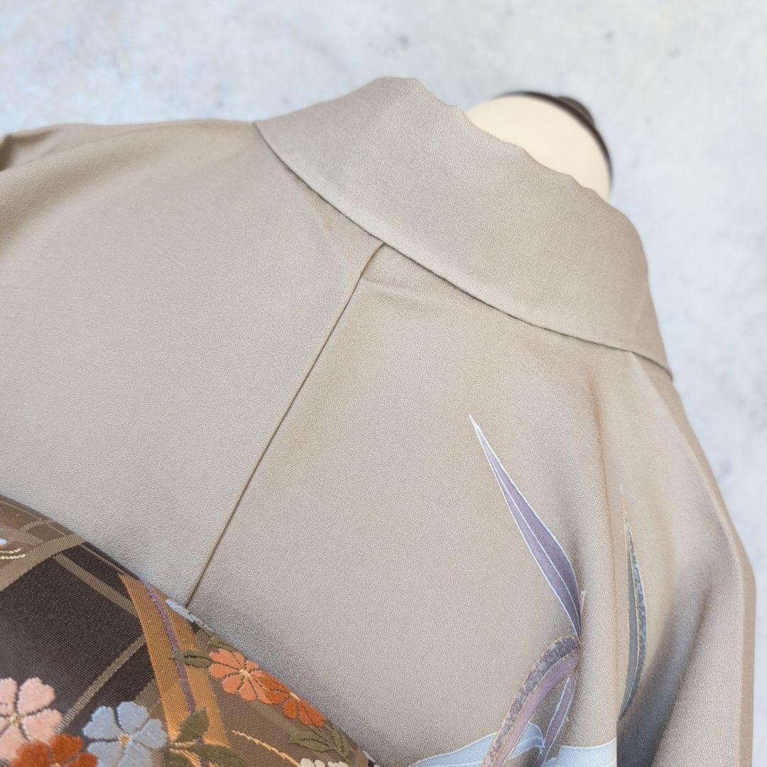 訪問着　フルセット　着物　正絹　笹　友禅　淡いベージュブラウン　金彩加工　O7