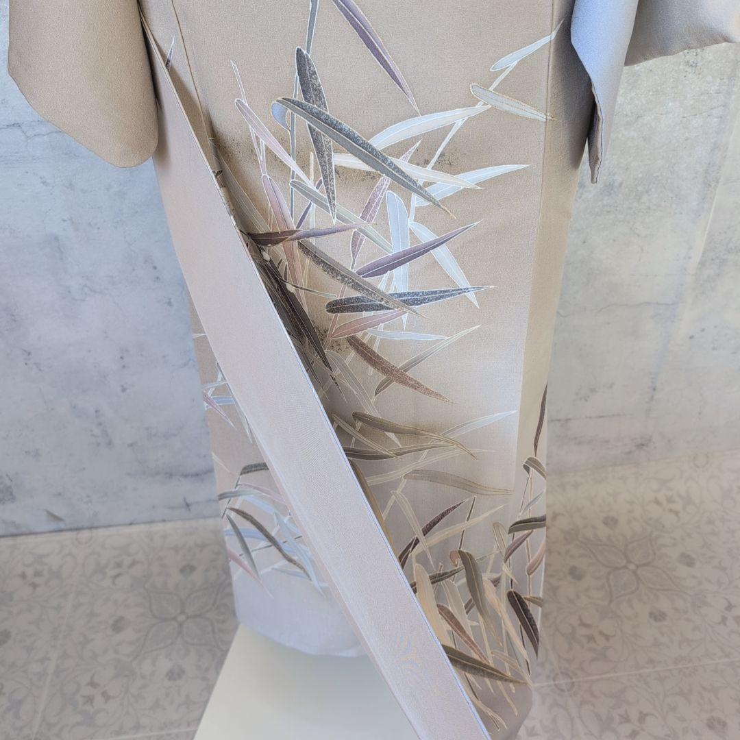 訪問着　フルセット　着物　正絹　笹　友禅　淡いベージュブラウン　金彩加工　O7