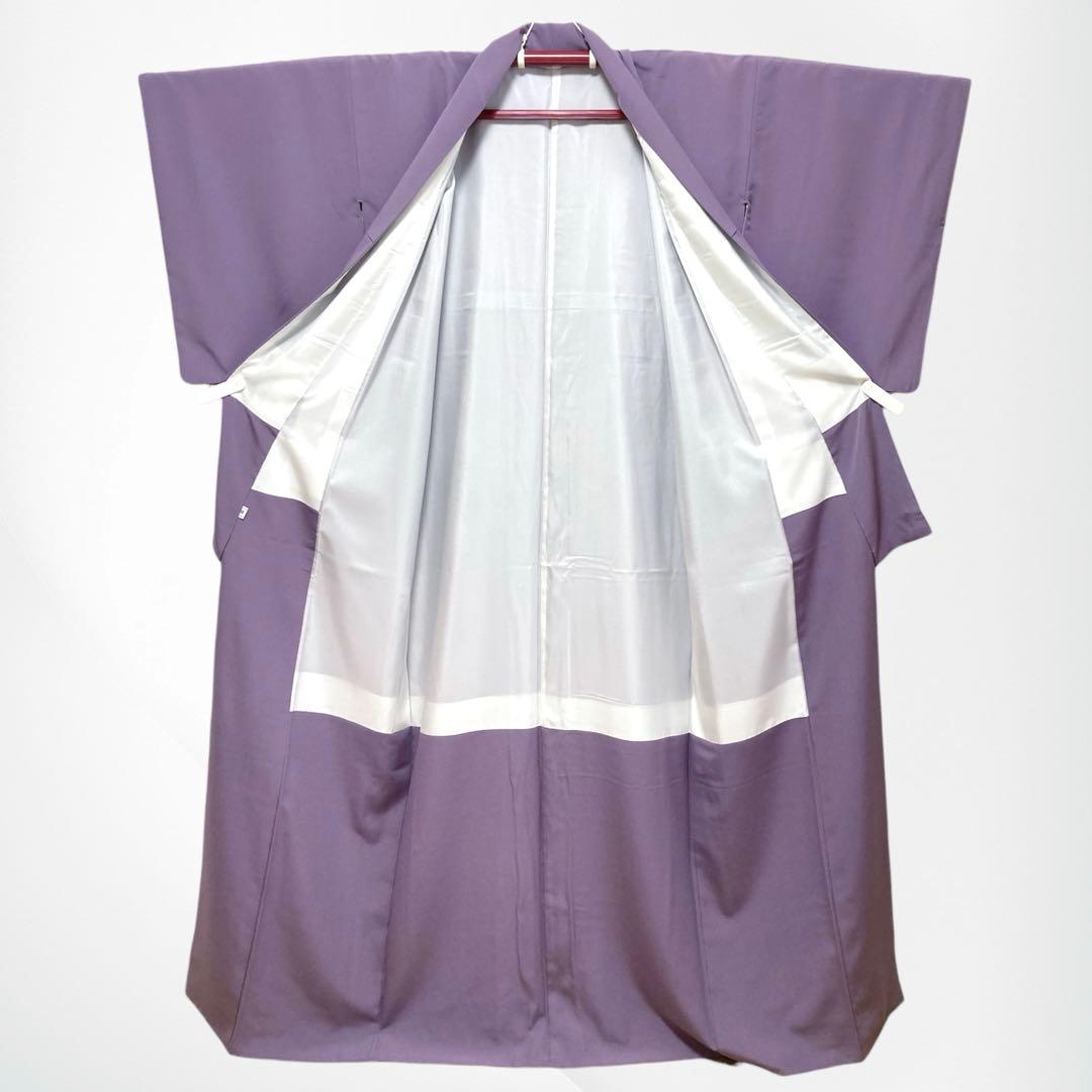 【良品✨】東レシルック　洗える着物　色無地　くすみの紫色　紋付　手縫い仕立てL4