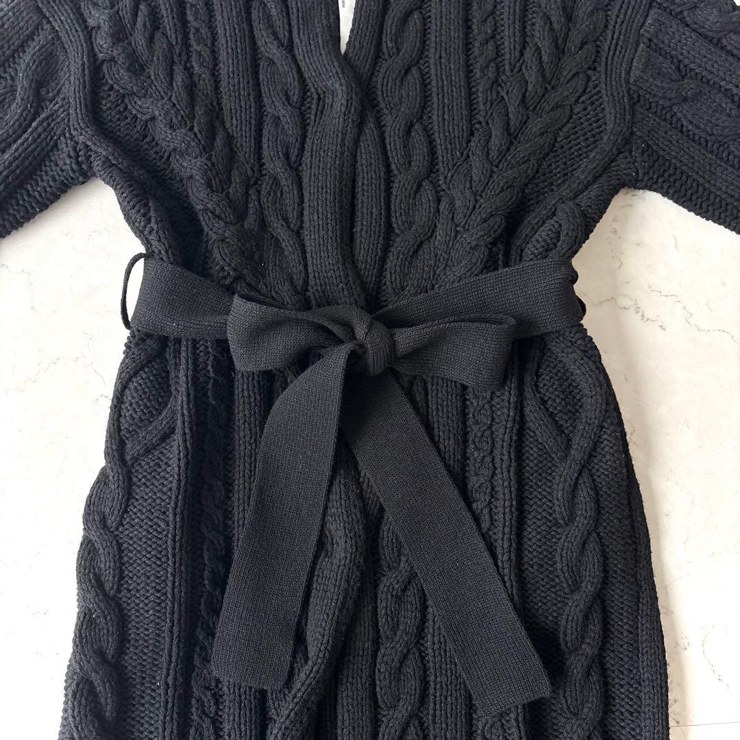 美品 ティッカ 肉厚 ウール ケーブルニット ベルト付 ガウンカーディガン 黒