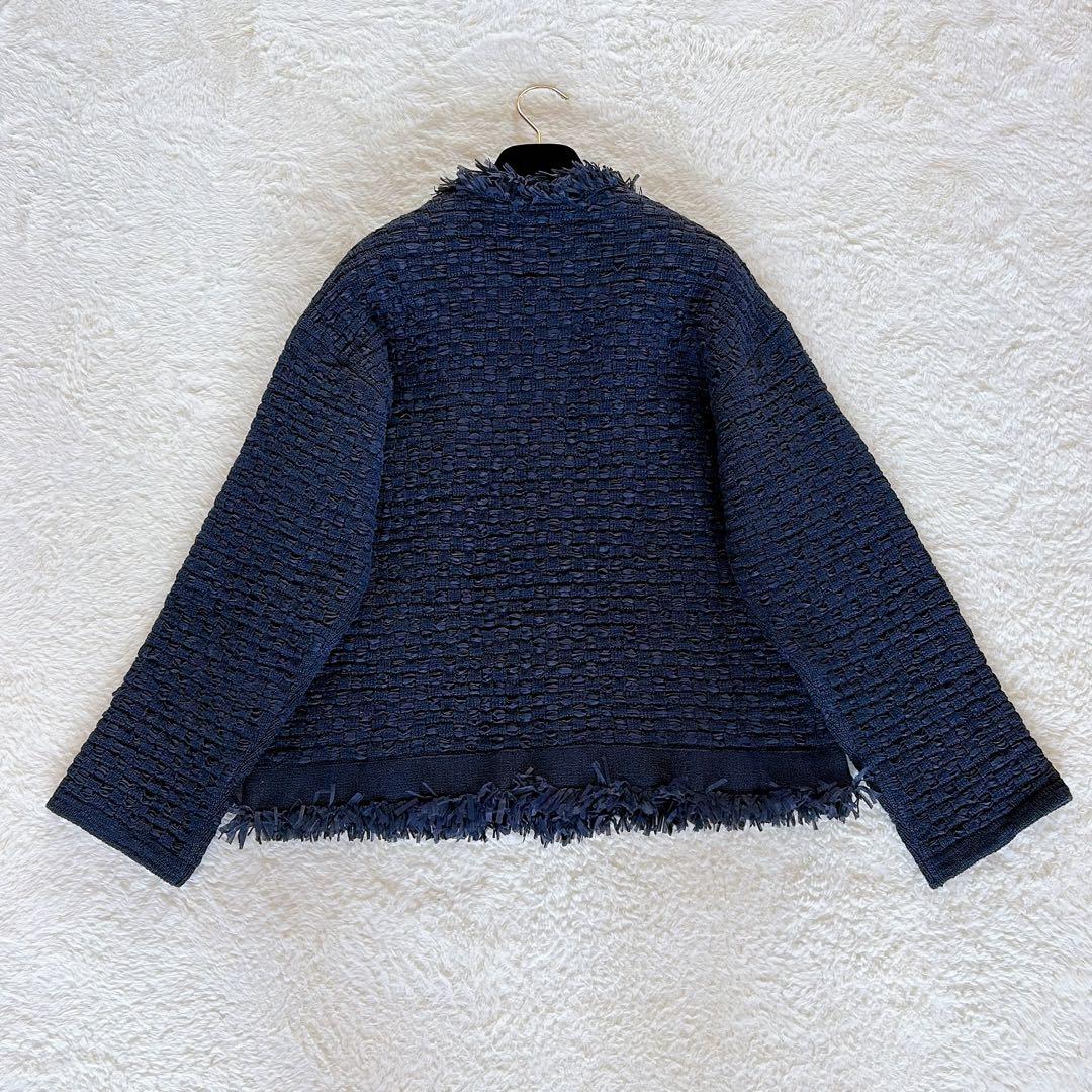 美品✨【イエナ】ノーカラーツイードニットジャケット 金ボタン ネイビー 23SS