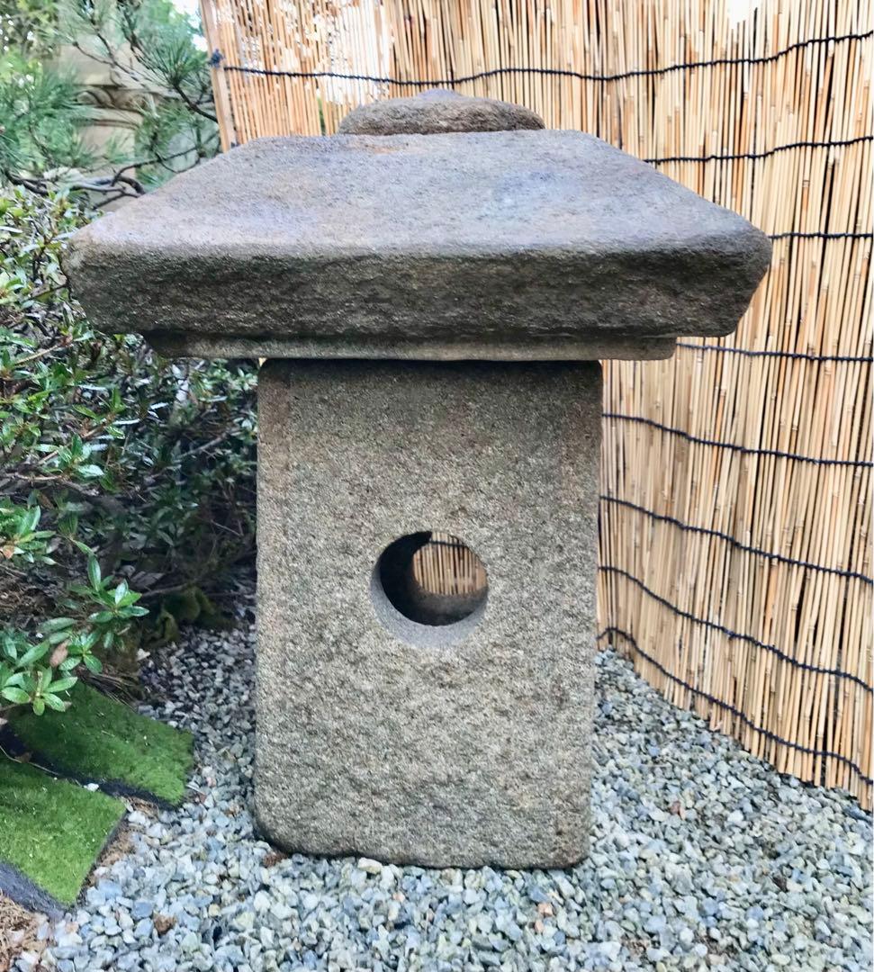 【天然自然石・四角笠灯篭・露地庭灯篭・瓢箪模様】庭石オブジェ置物ガーデニング造園