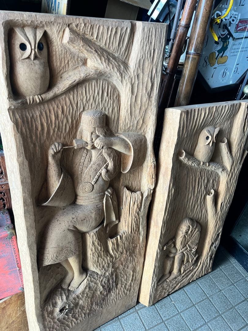 アイヌ木彫り壁掛け、 一枚板特大木彫り アイヌ彫刻壁画 、アイヌ特大126センチ