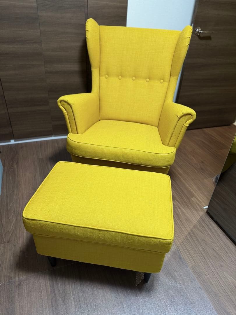 HM0812IKEA ストランドモン イエロー ウィングチェアオットマン付