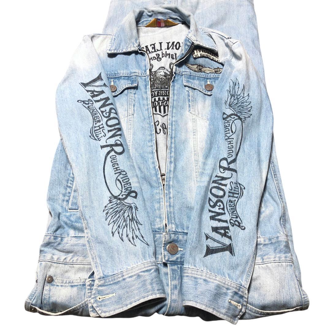 即納　vanson 刺繍入りライトブルー　デニムつなぎ　オールイン