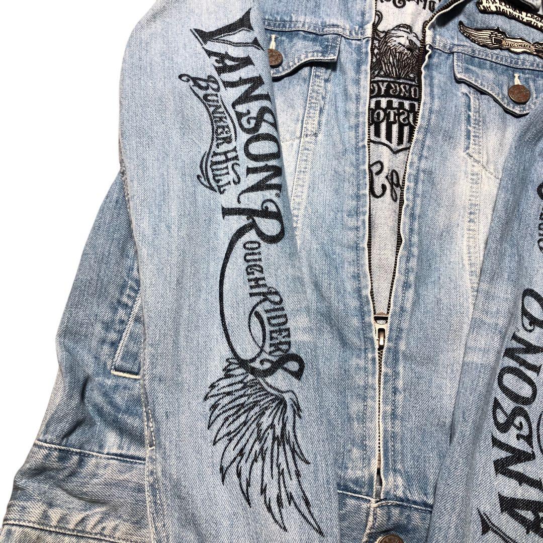 即納　vanson 刺繍入りライトブルー　デニムつなぎ　オールイン