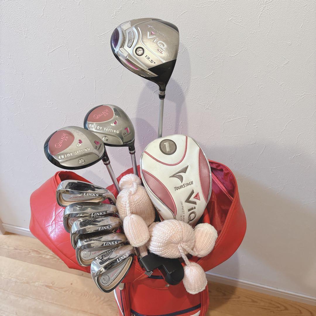 レディース 9本 ！入門ゴルフクラブセット ピンク赤系 ViQ LINKS