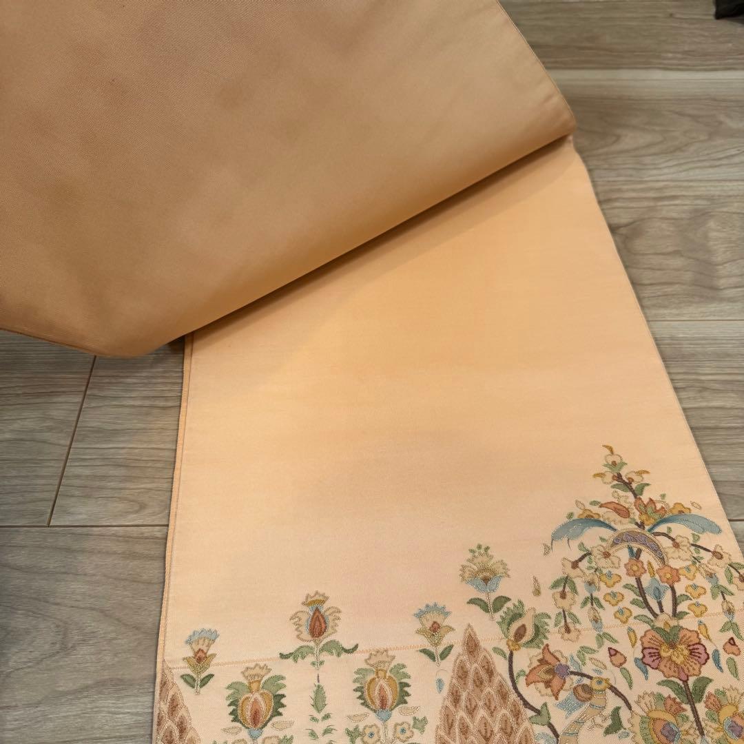 超美品　袋帯 正絹　現代　着物　ボタニカル 中国刺繍　相良刺繍　オレンジ　443