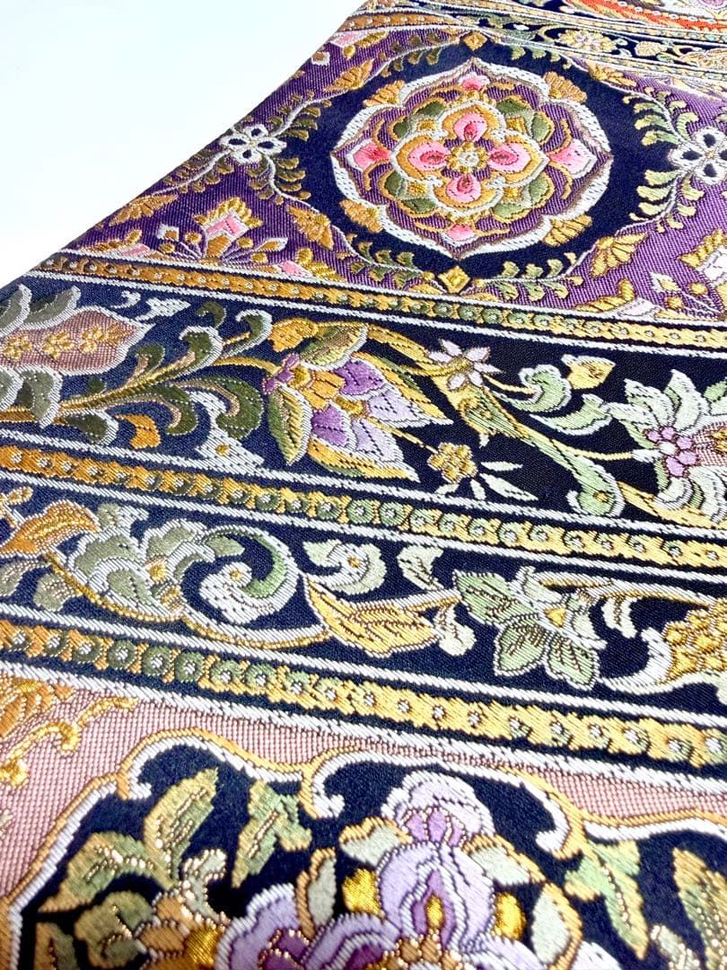 高級 袋帯 正絹 六通柄 ブラック ゴールド 花文様 フォーマル 訪問着