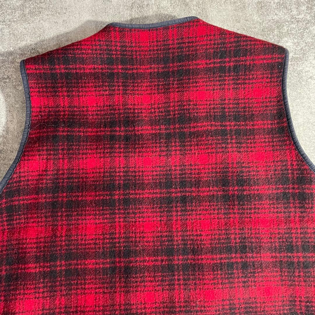 80's美品WoolrichウールリッチUSA製ベスト赤チェックXL裏地ファー