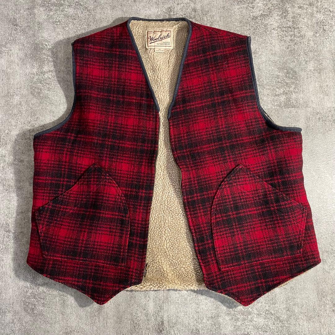 80's美品WoolrichウールリッチUSA製ベスト赤チェックXL裏地ファー