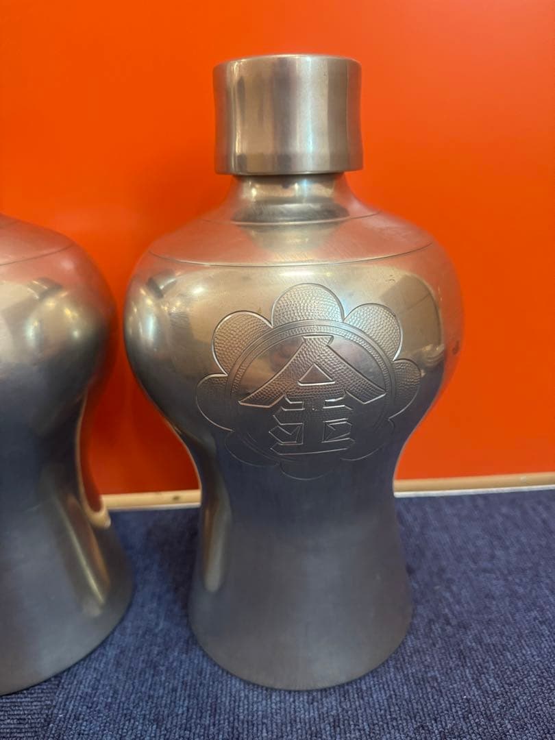 1644 純錫製 岡本謹製　古錫瓶子一対　酒器　32cm 時代物
