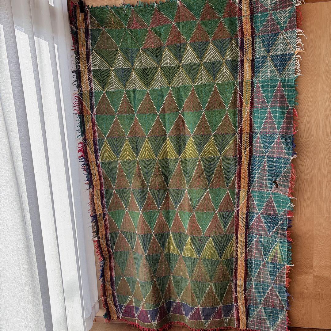 未使用＊訳アリ　ヴィンテージラリーキルト　グリーントライアングル　マルチカバー