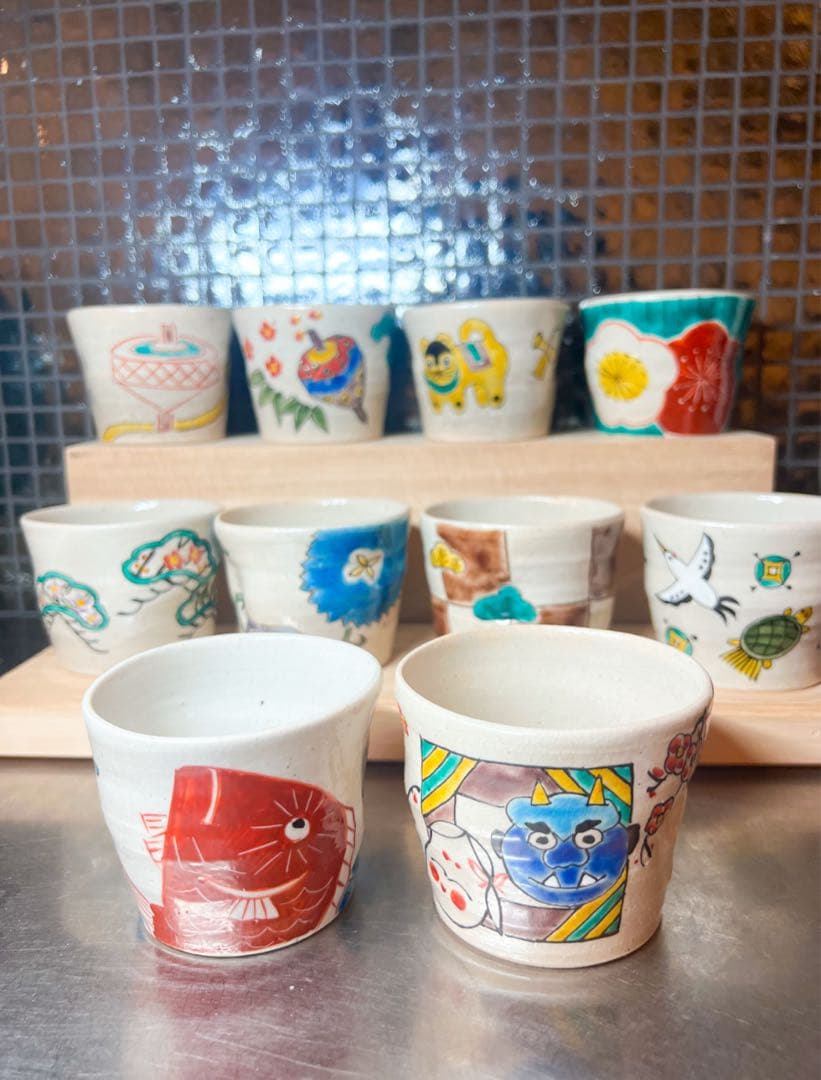 春夏秋冬 10点セット★希少 正月 季節の祝ごと 九谷焼 エクボ猪口 湯呑