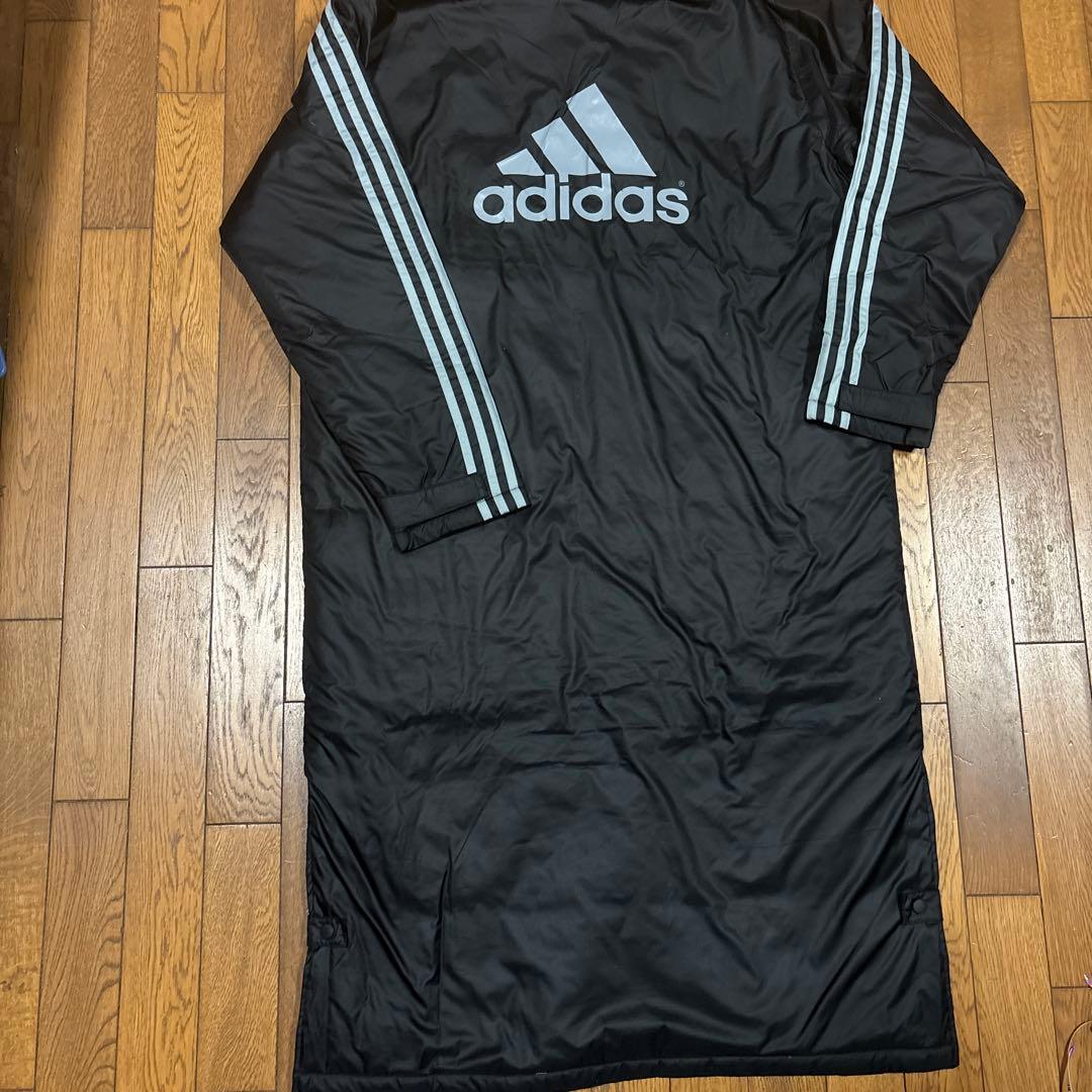 adidas メンズブラック ベンチコート L／スリーライン／フードあり／軽量
