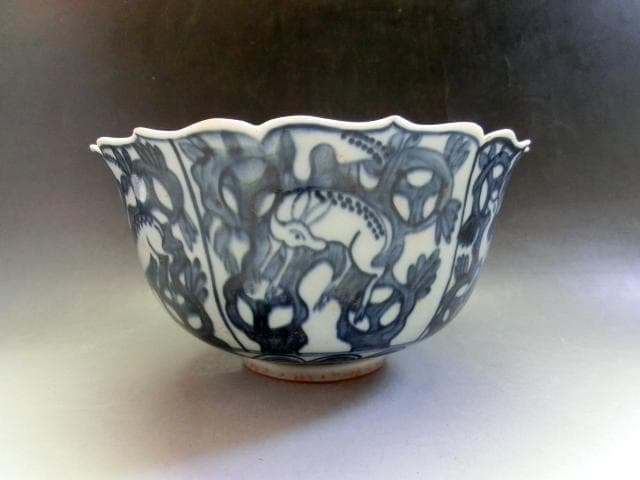 鉢■花弁型鹿紋花唐草染付大鉢 菓子器 青華 古玩 古美術 時代物 骨董品■