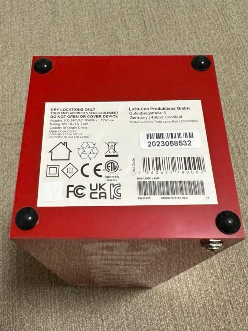 【美品】Supreme ライト 23AW Box Logo Lamp Red