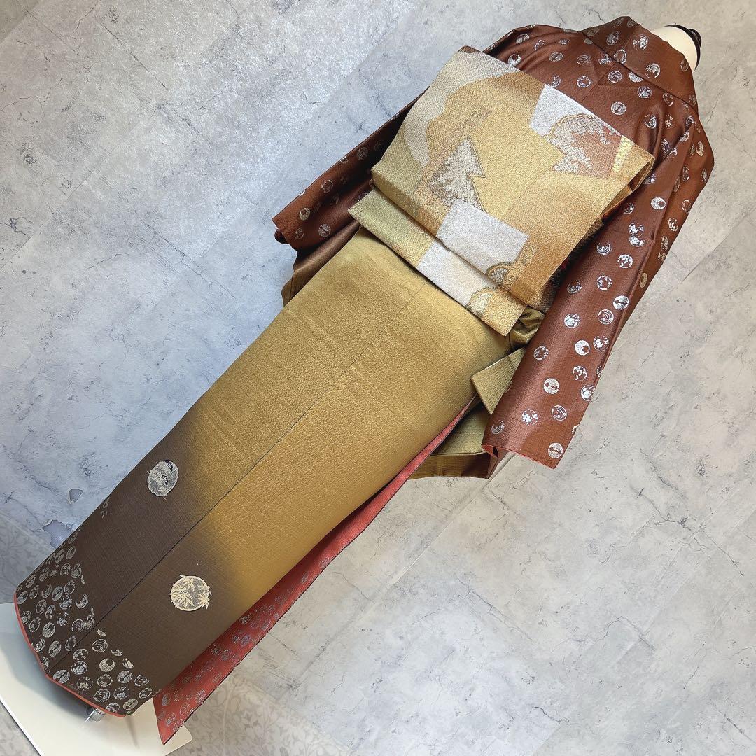 訪問着フルセット　着物　正絹　家紋　かっこいい　茶色　ゴールド
