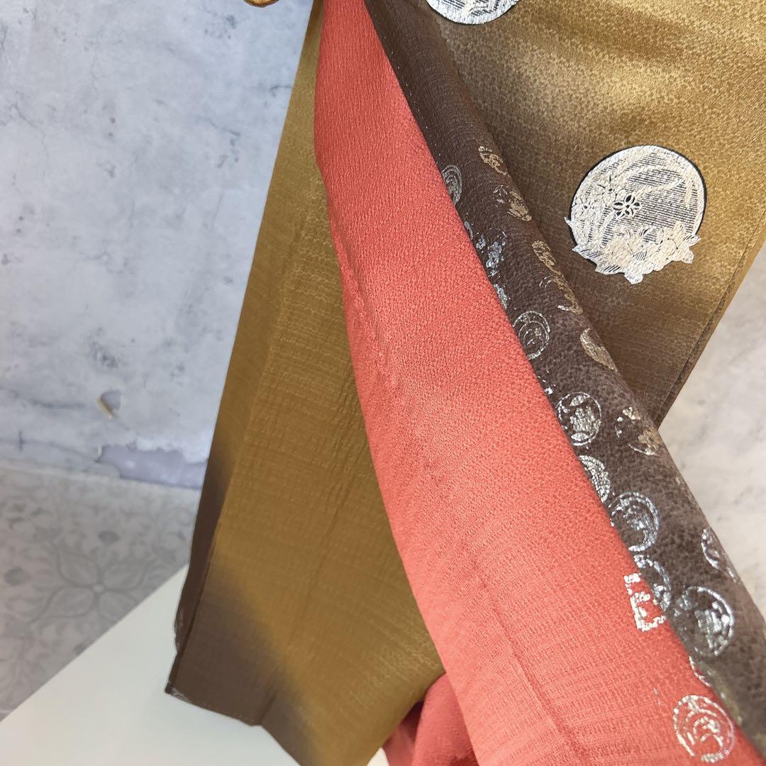 訪問着フルセット　着物　正絹　家紋　かっこいい　茶色　ゴールド