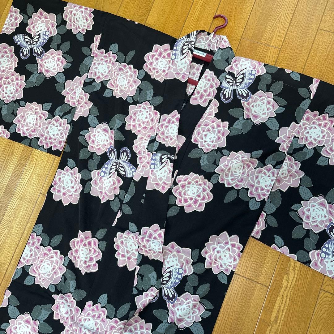 美品⭐︎浴衣　撫松庵　ぶしょうあん　黒地　花柄　蝶　ダリア　ピンク