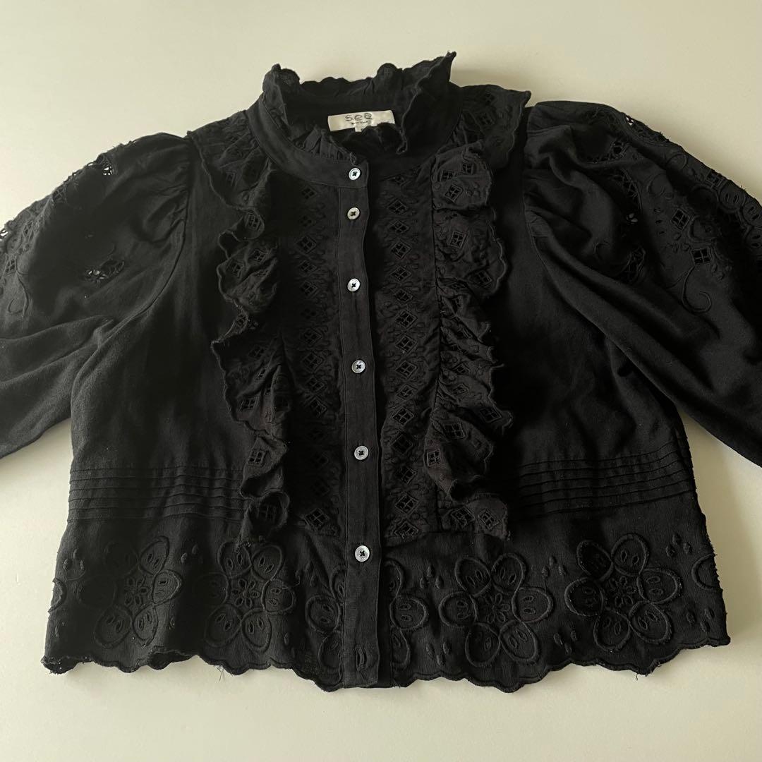 Sea NEW YORK カットワークレースブラウス　フリル刺繍　ブラックS