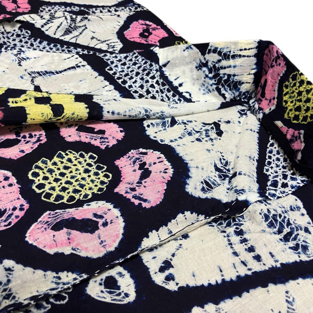 有松鳴海絞り 浴衣 ホワイト ネイビー 花柄 黄色 ピンク 綿 裄69cm 手縫