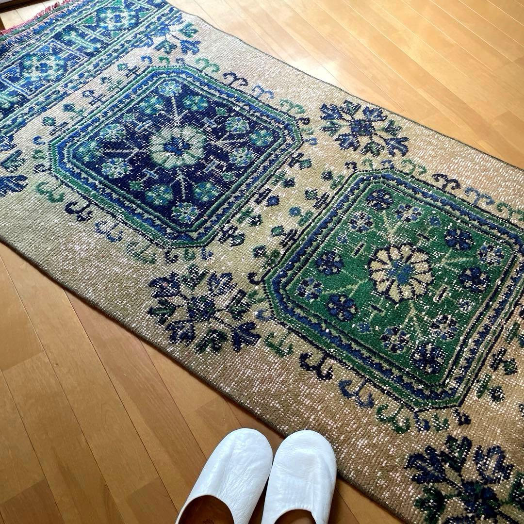 83×342 超ロング大判　ボタニカル　くすみイエロー　トルコヴィンテージラグ