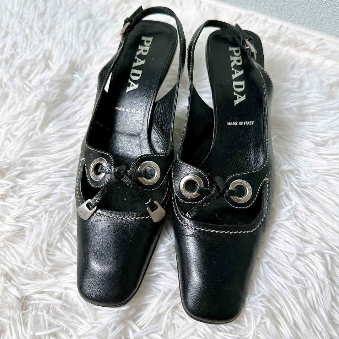 美品✨PRADA ミュール バックストラップ サンダル ヒール ロゴ 23.5