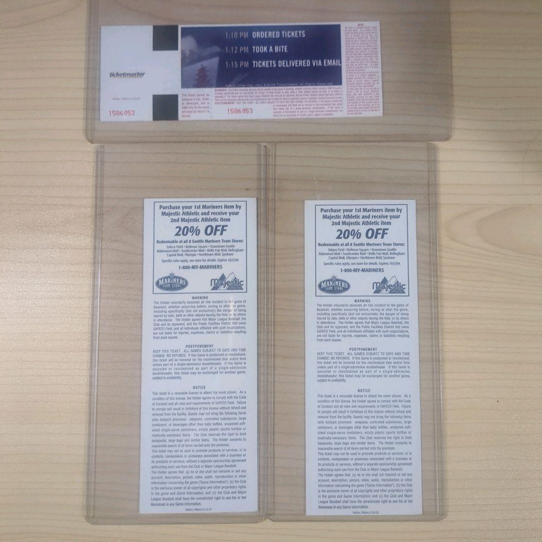 イチロー　MLB殿堂入り記念　年間最多安打k記録更新日試合チケット3枚セット