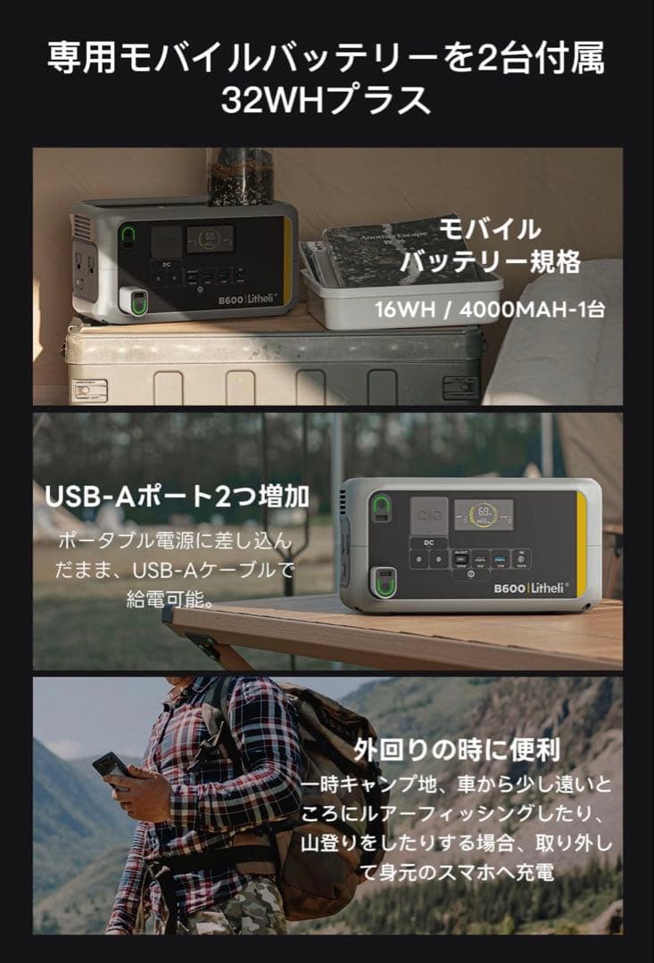 ぴいえす⭐️新品Litheli ポータブル電源 B600 & 100Wソーラ
