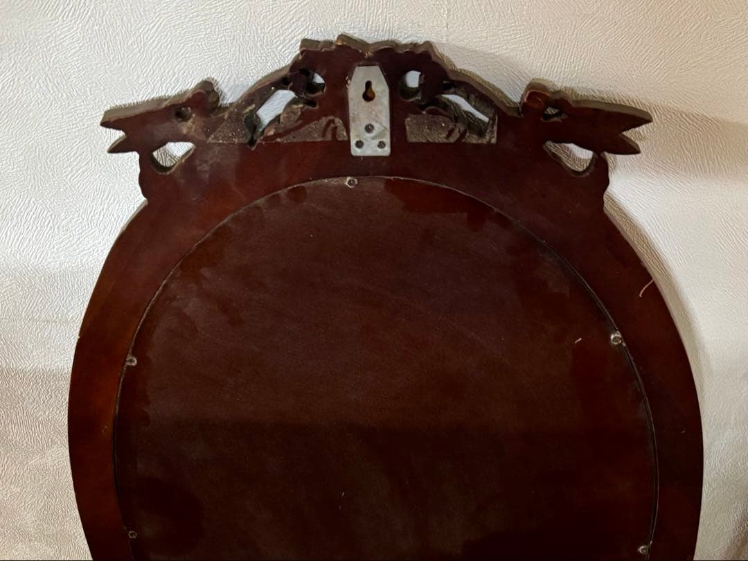 お値下げ　マホガニー製　楕円形　壁掛けミラー　エンゼル　彫刻　輸入家具