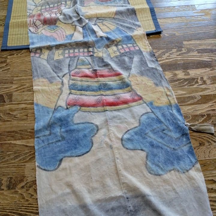 襤褸古布明治時代 のぼり旗手書き、珍品 家紋 襤褸古布藍染