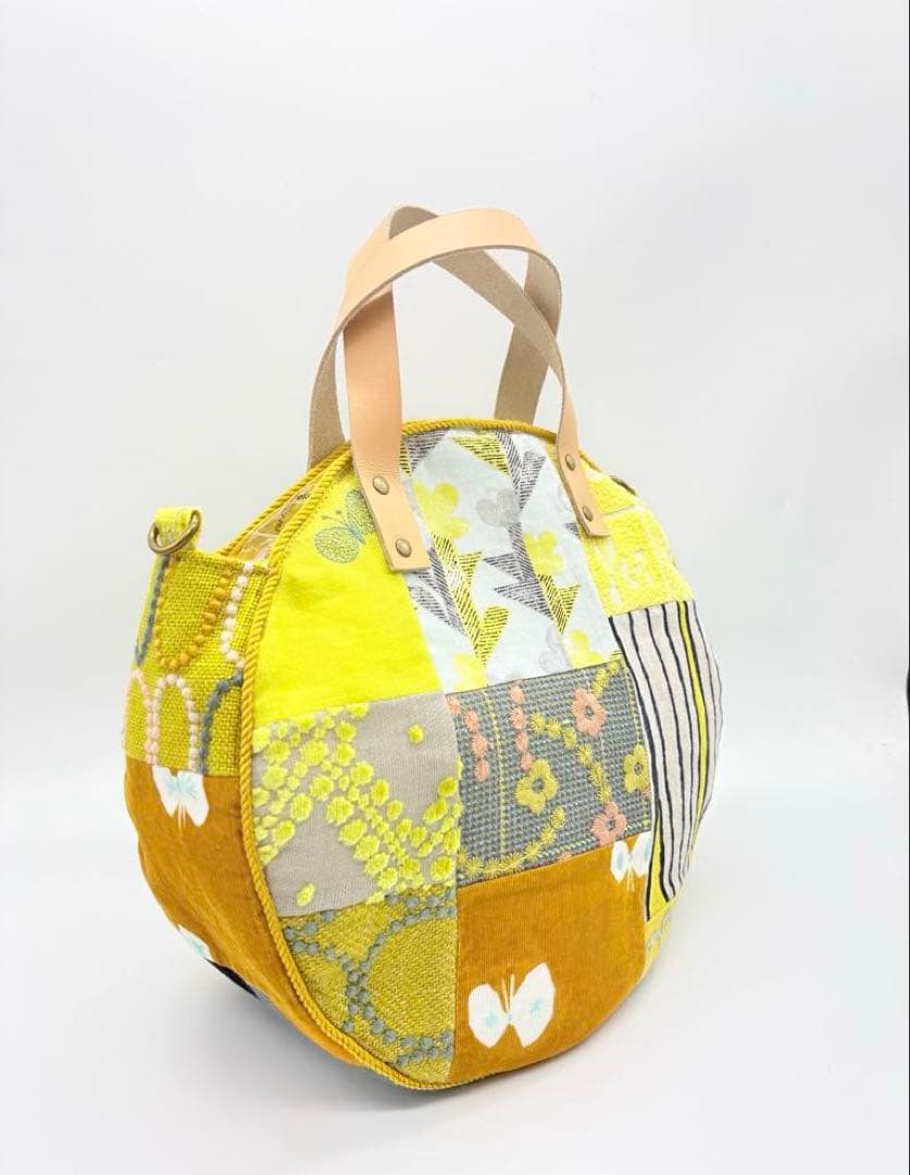 ミナペルホネン、ハンドメイド、 イエローパッチワーク、サークル トートバッグ