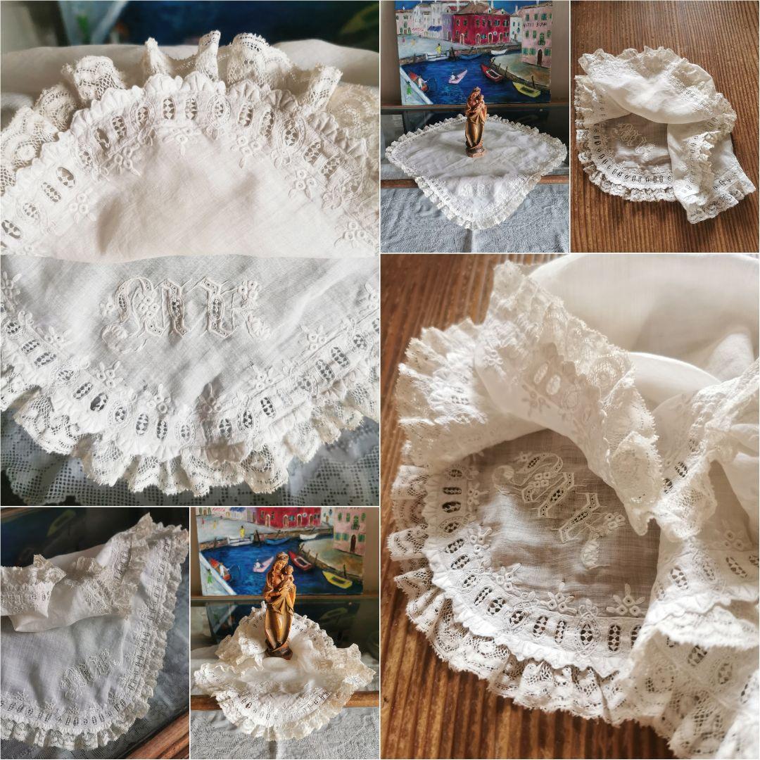 アンティーク 奇跡の極細糸刺繍 極小盛上げスカラップ 美しいウェディングハンカチ