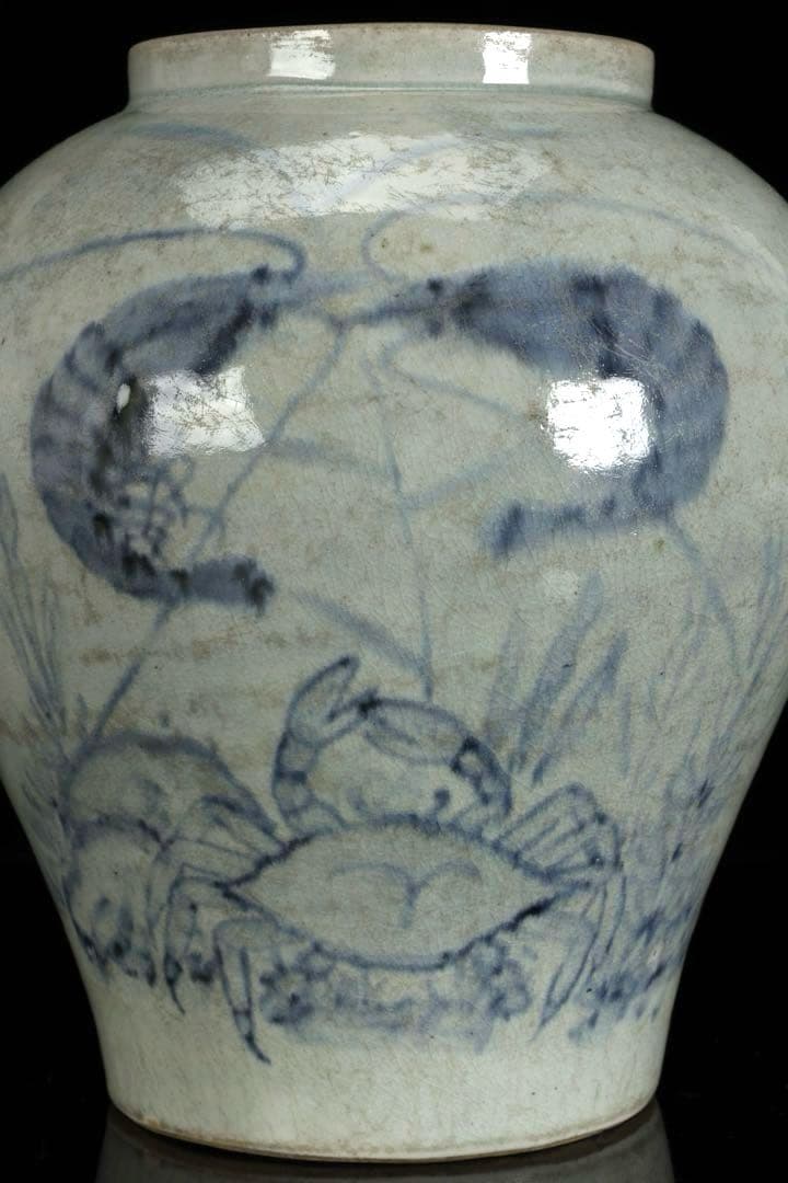 時代物 李朝 染付魚蟹海老文 壺 花瓶 箱付 白磁 青花 朝鮮古陶 唐物 骨董品