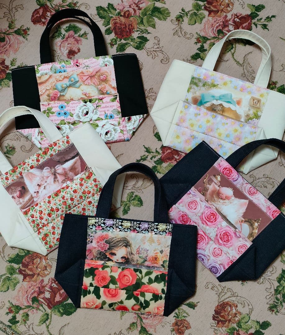 【受注制作】両面ミニトートバッグ５点 パネル生地 刺繍リボン ミニトート1325