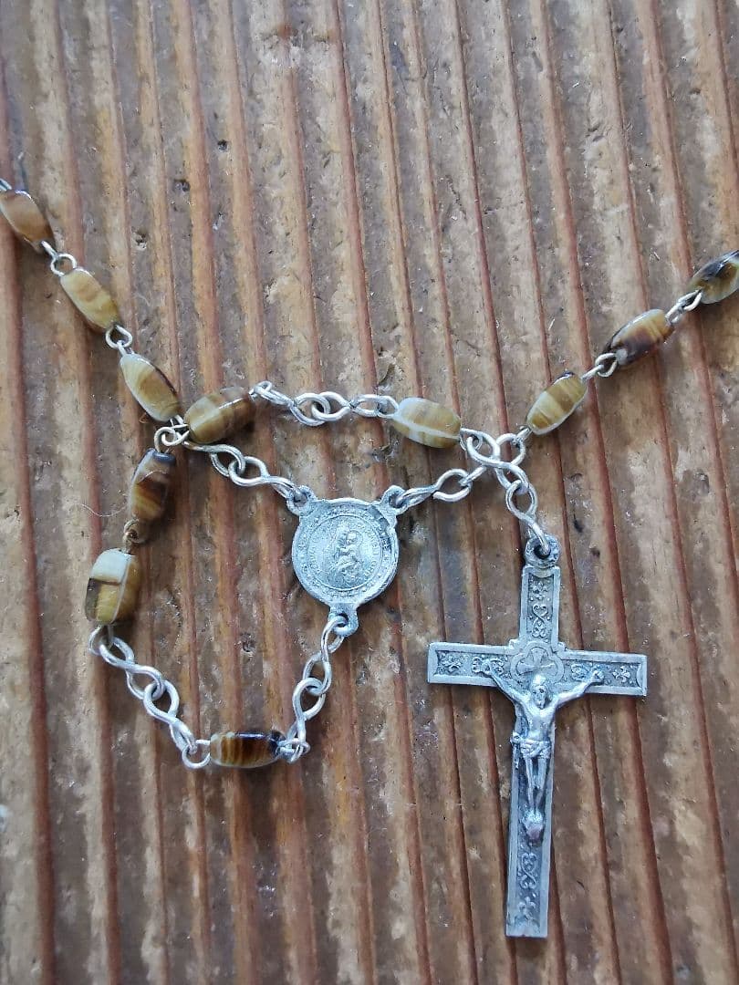 アンティーク ベルギーイタリア セピアマーブルガラス 聖母子のネックレスロザリオ