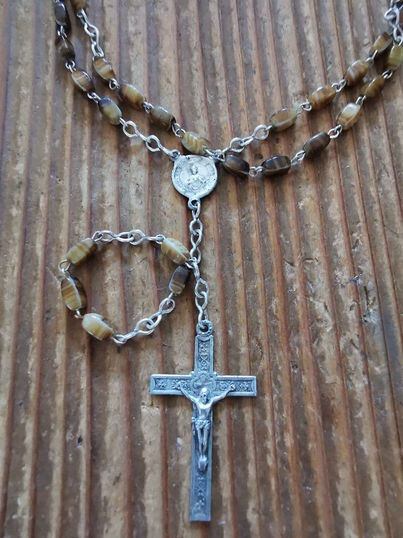 アンティーク ベルギーイタリア セピアマーブルガラス 聖母子のネックレスロザリオ