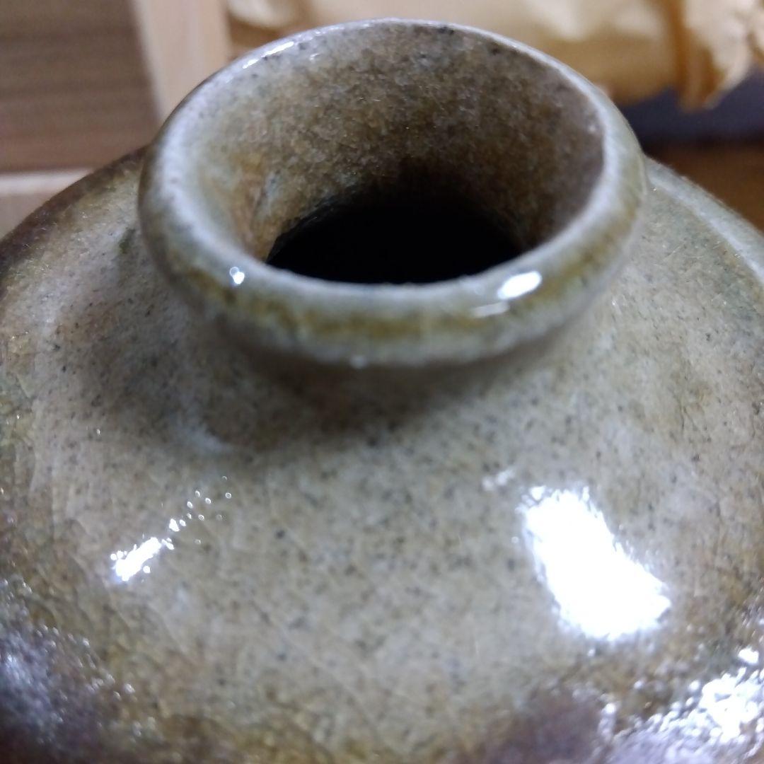 灰釉　茶花生　六角形陶器花器 木箱付き