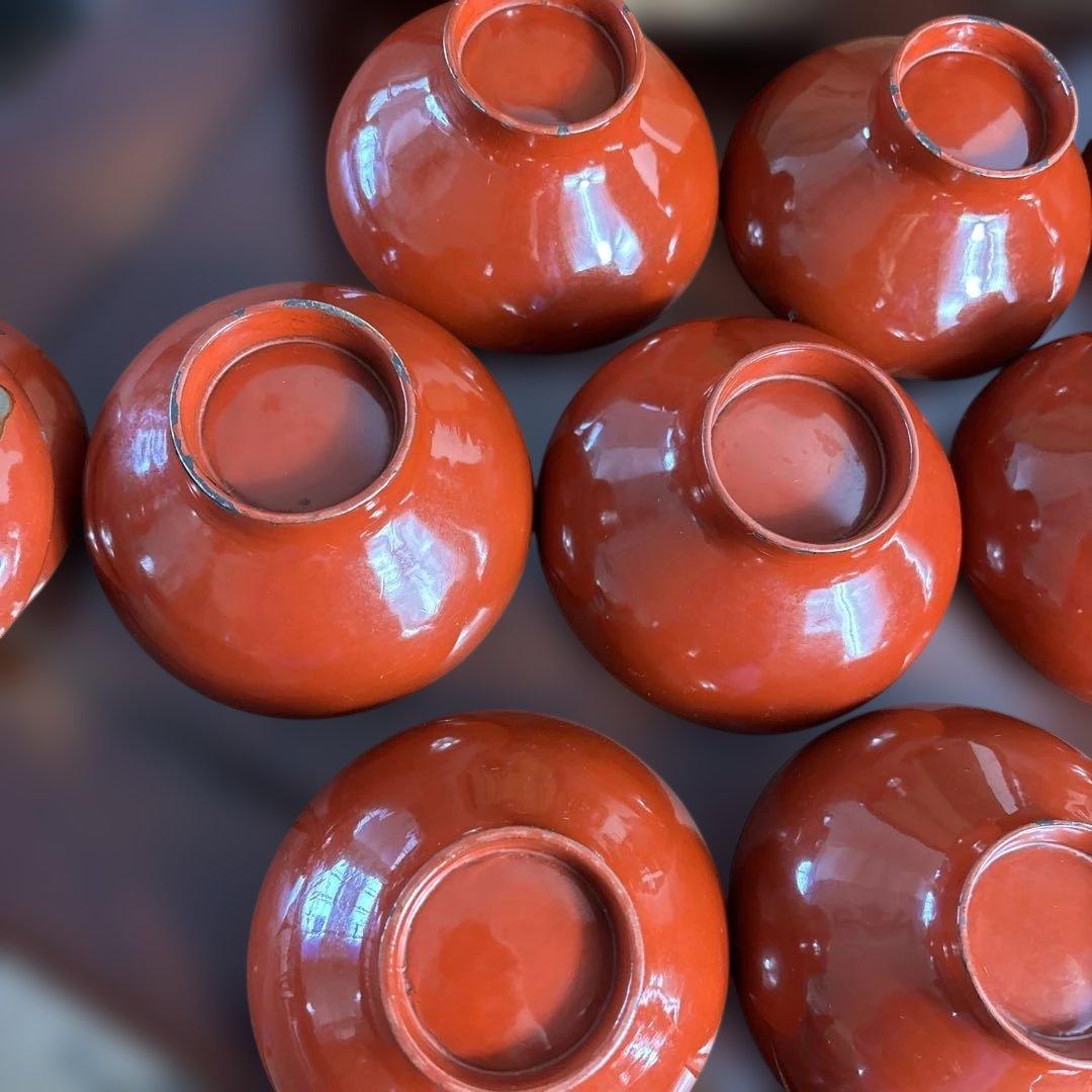 漆器 赤色 金箔装飾 絵変わり和歌 椀 10客セット 共箱